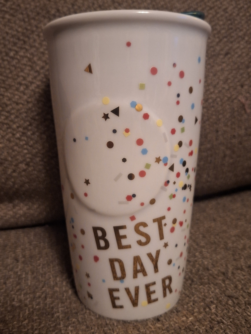 Starbucks White Ceramic Tumbler with Multicolor Metalic Confetti